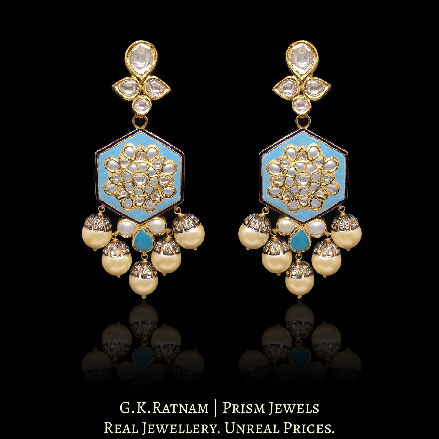 22k Gold and Diamond Polki reversible Long Earring Pair with Pearls
