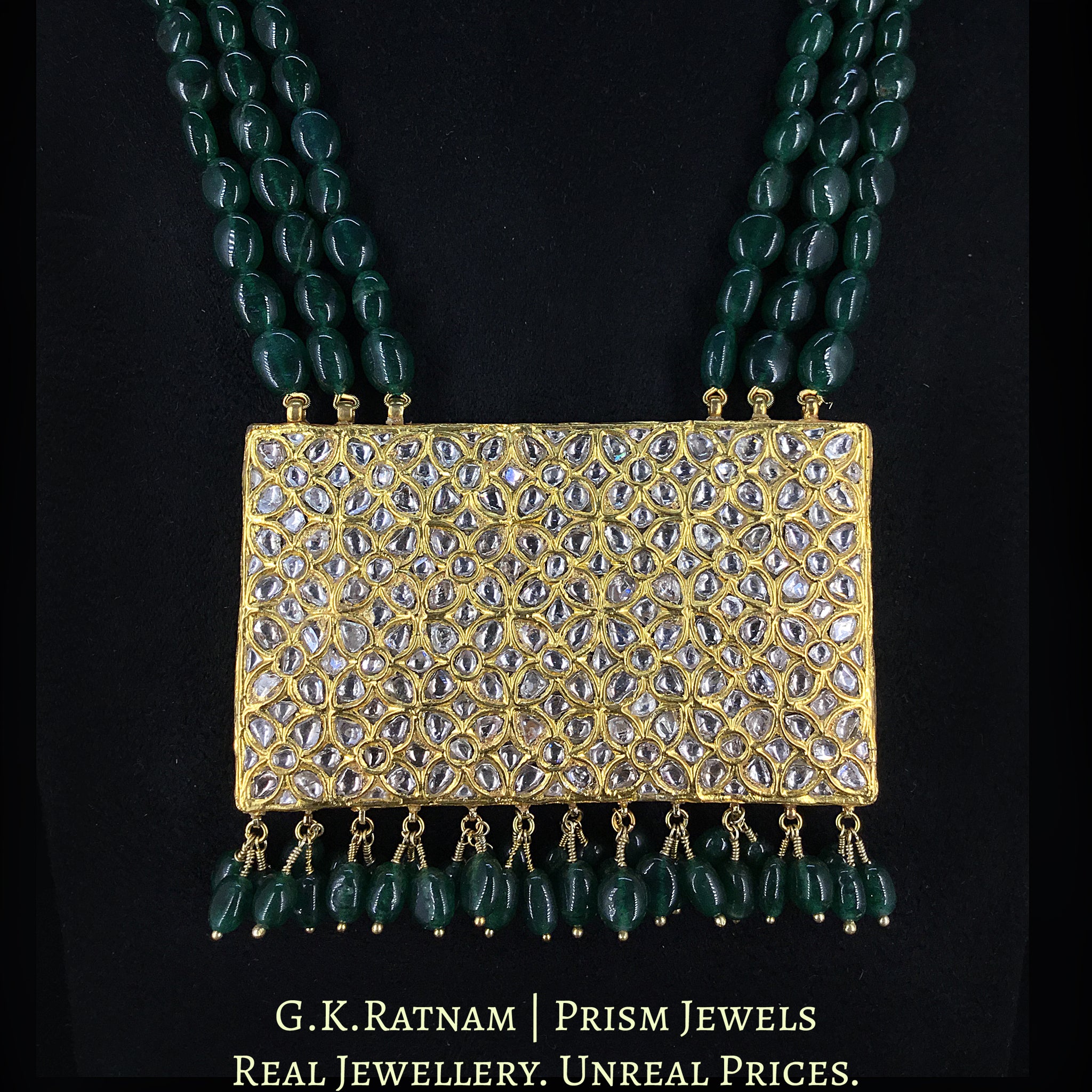 23k Gold and Diamond Polki Rectangle Pendant enhanced with emerald-grade Green Beryls