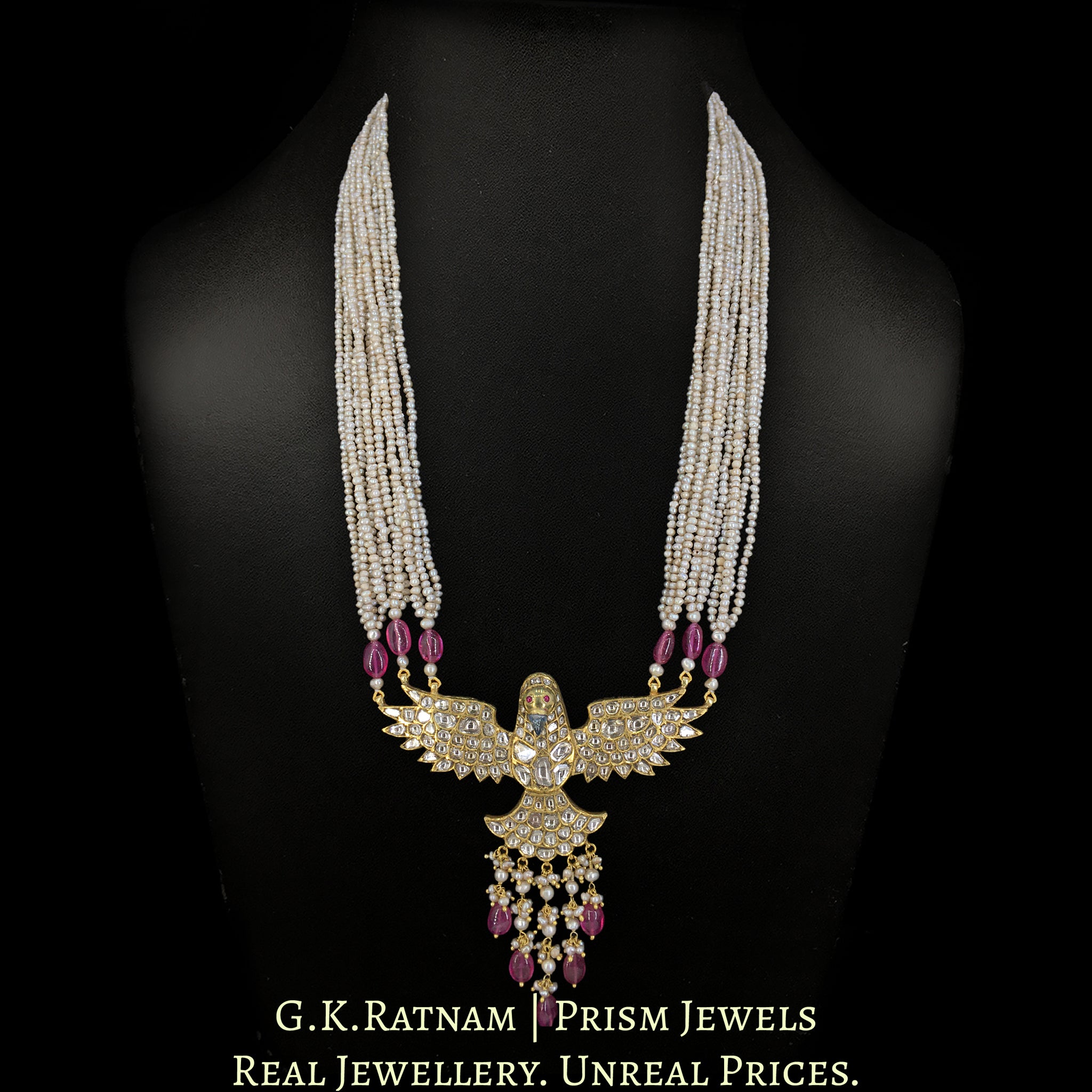 18k Gold and Diamond Polki Eagle Pendant with Antiqued Freshwater Pearls and Rubies