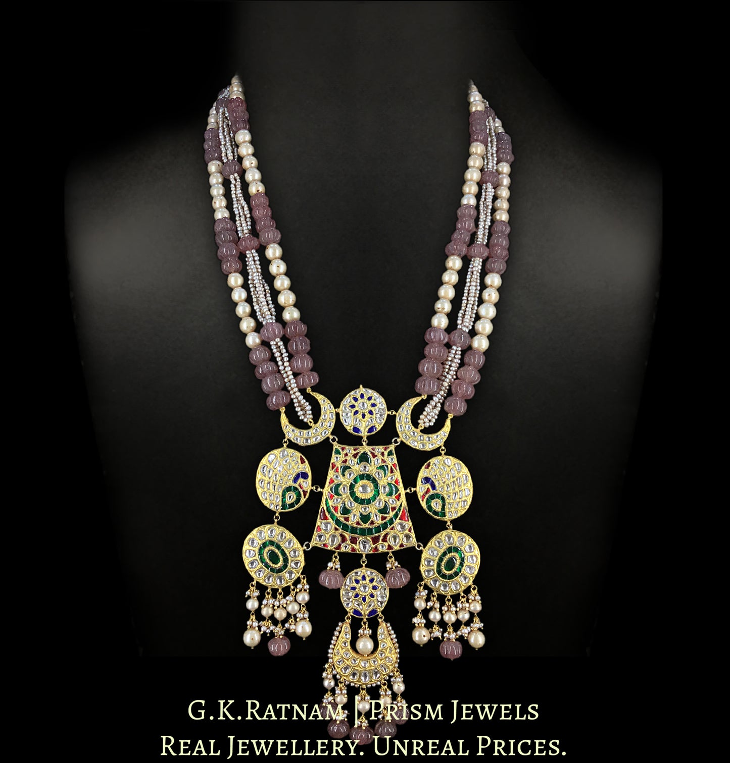 23k Gold and Diamond Polki Hybrid Pendant enhanced with pinkish-red Melons and Antiqued Freshwater Pearls