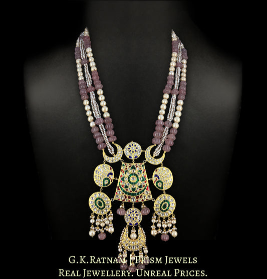 23k Gold and Diamond Polki Hybrid Pendant enhanced with pinkish-red Melons and Antiqued Freshwater Pearls
