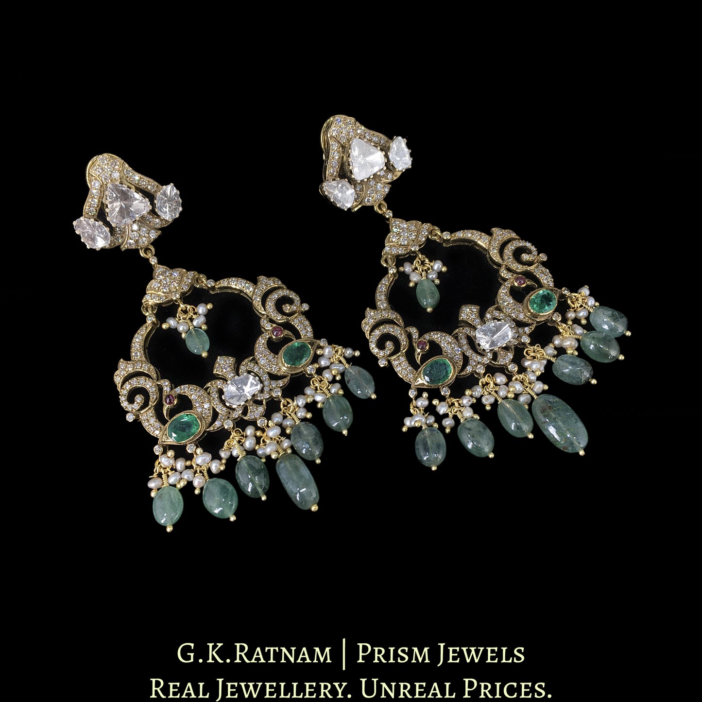 14k Gold and Diamond Polki Open Setting Chand Bali Earring Pair with Natural Emeralds
