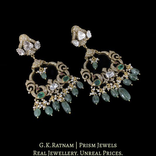 14k Gold and Diamond Polki Open Setting Chand Bali Earring Pair with Natural Emeralds