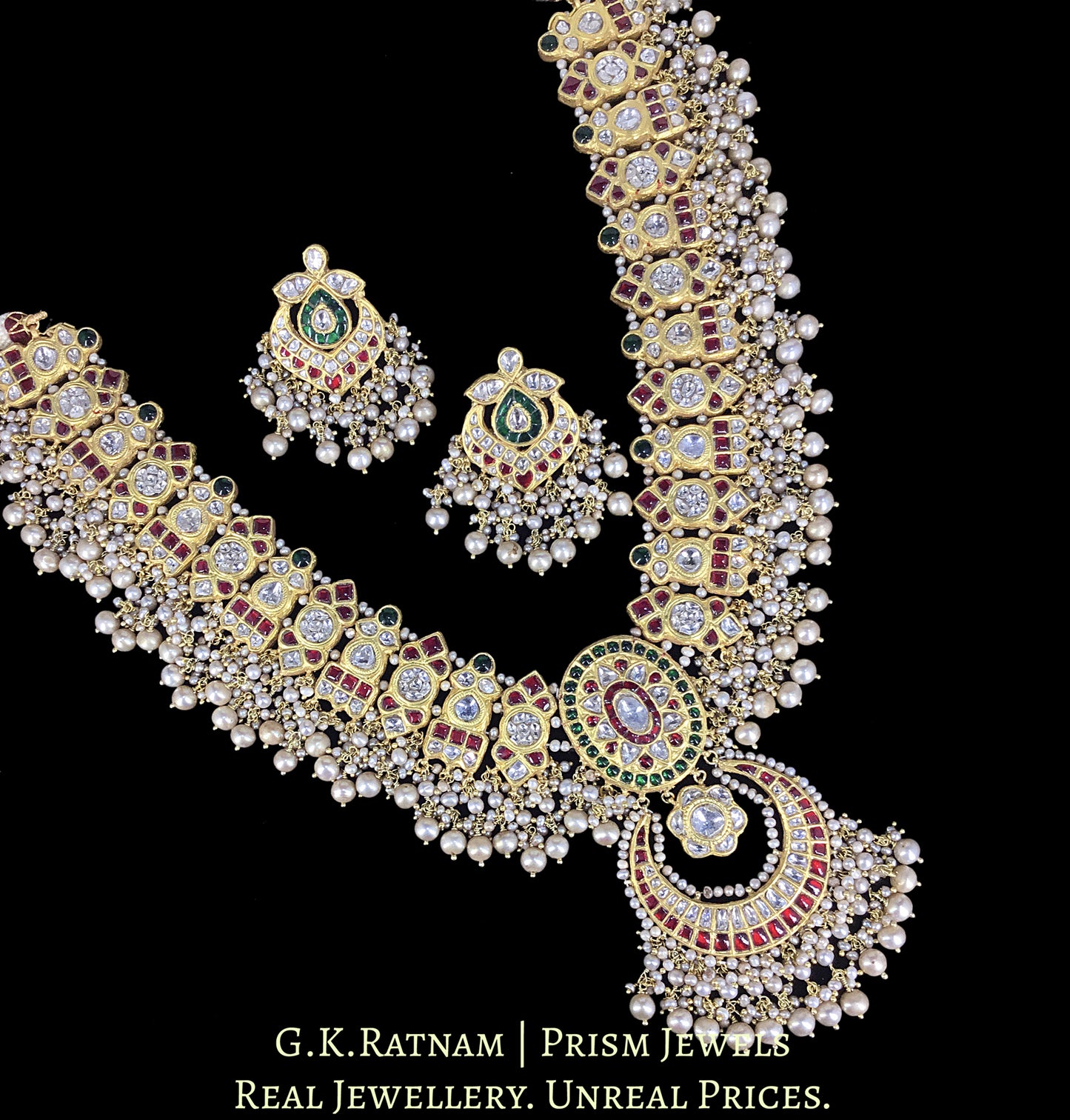 23k Gold and Diamond Polki south-style Long Necklace Set with basra-like Freshwater Pearls