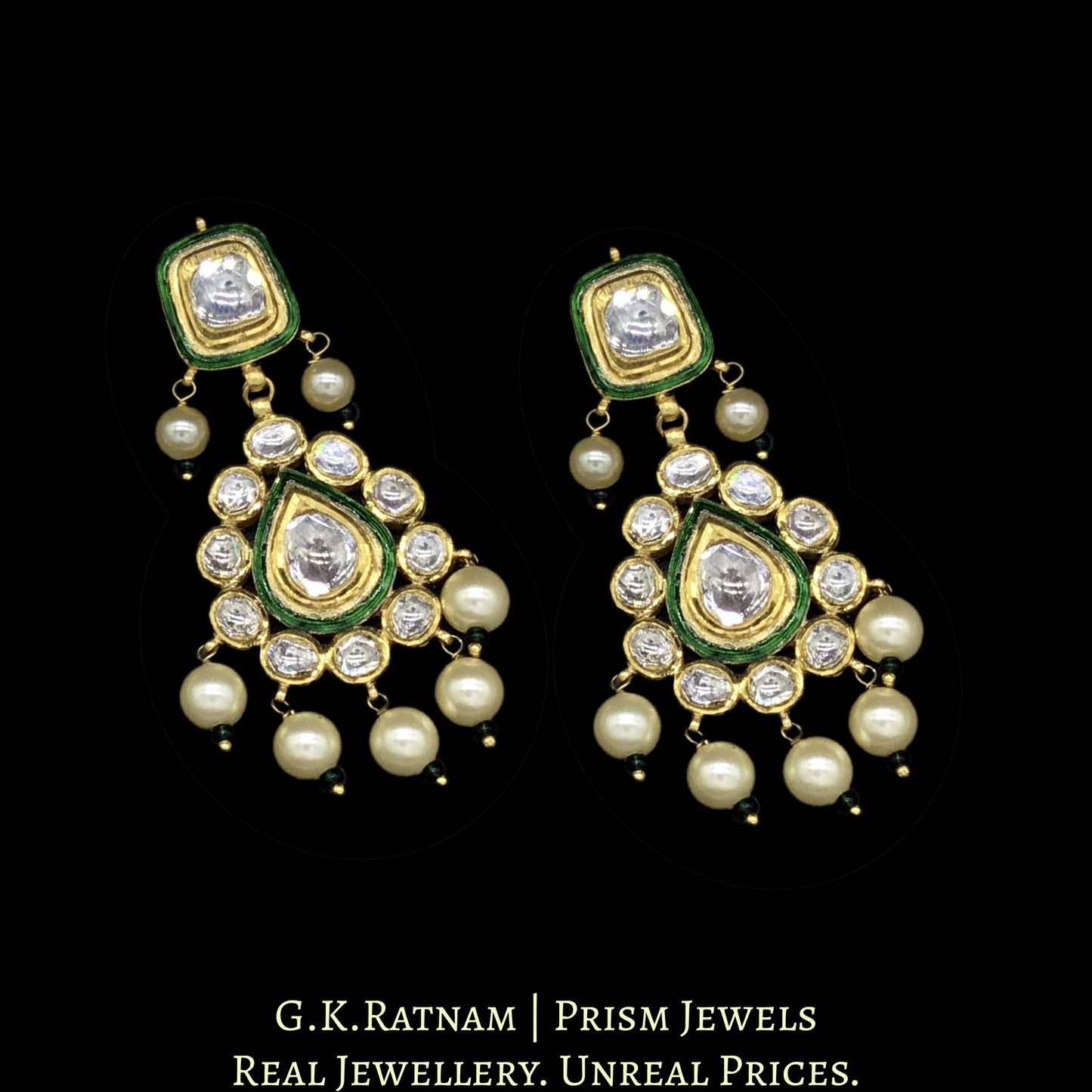 18k Gold and Diamond Polki Necklace Set with big uncuts surrounded by green enamelling