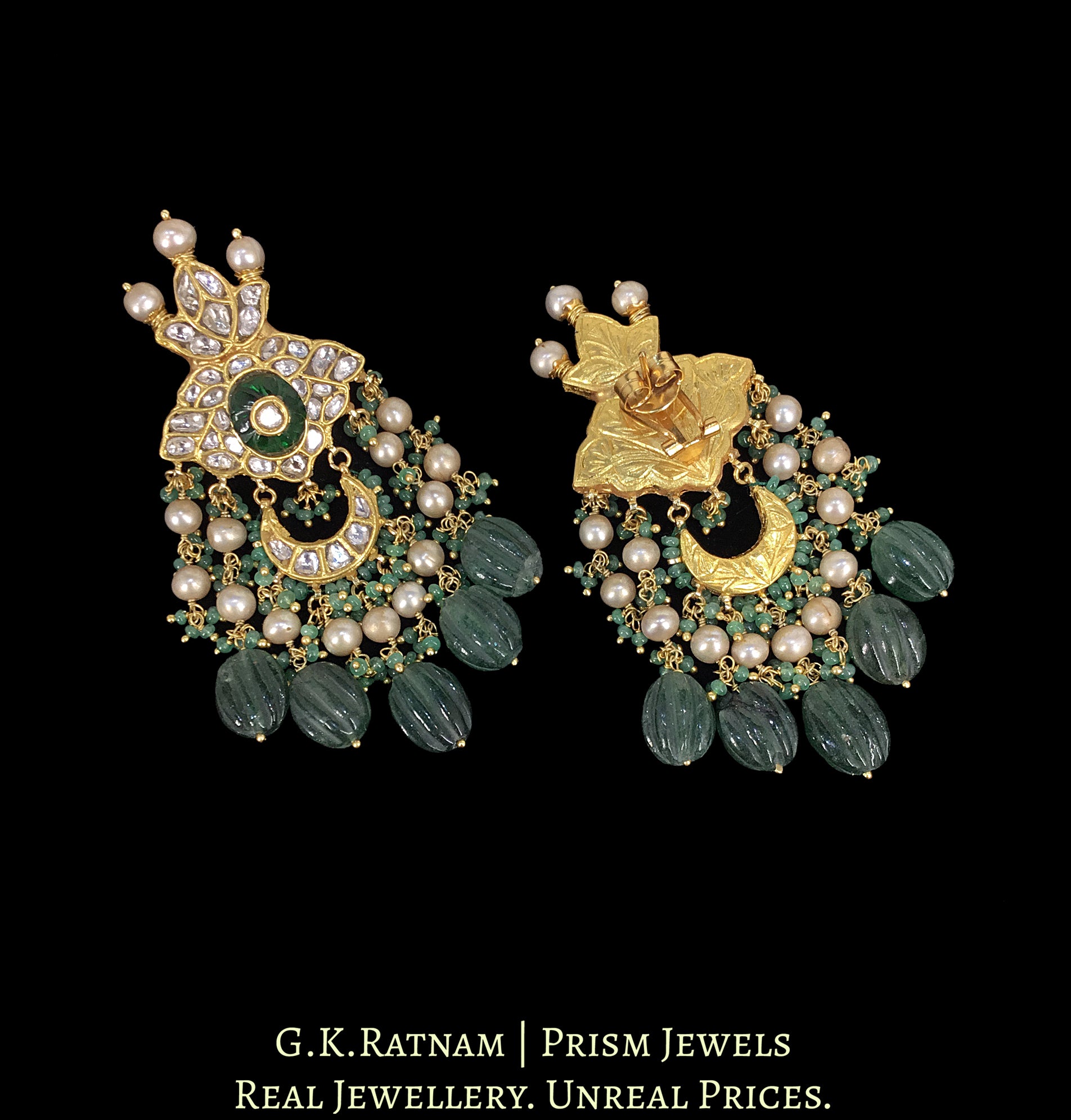 23k Gold and Diamond Polki Long Earring Pair with Antiqued Freshwater Pearls and emerald-green Strawberry Quartz Melons