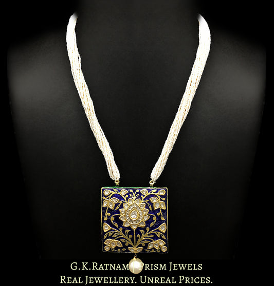 23k Gold and Diamond Polki square Pendant with soothing royal blue meenakari - G. K. Ratnam