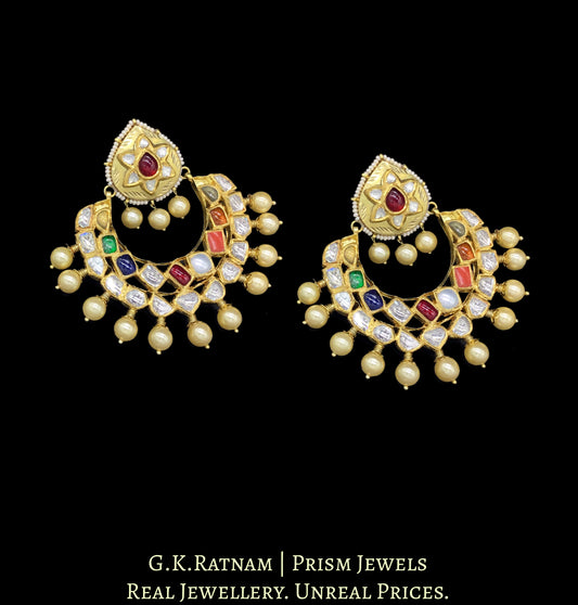 18k Gold and Diamond Polki Chand Bali Earring Pair with Navratna Stones - G. K. Ratnam
