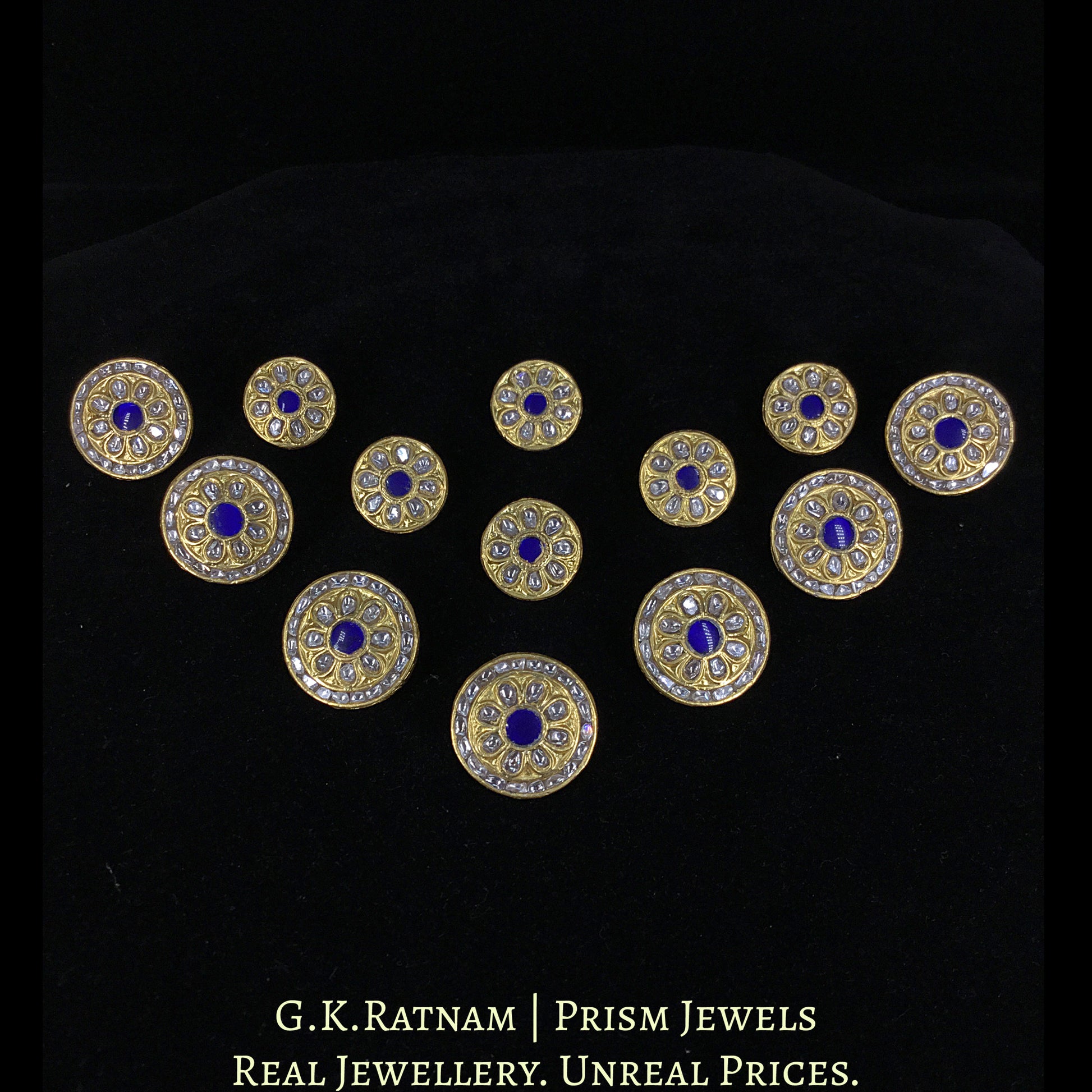 23k Gold and Diamond Polki Sherwani Buttons for Men with Blue Center - G. K. Ratnam