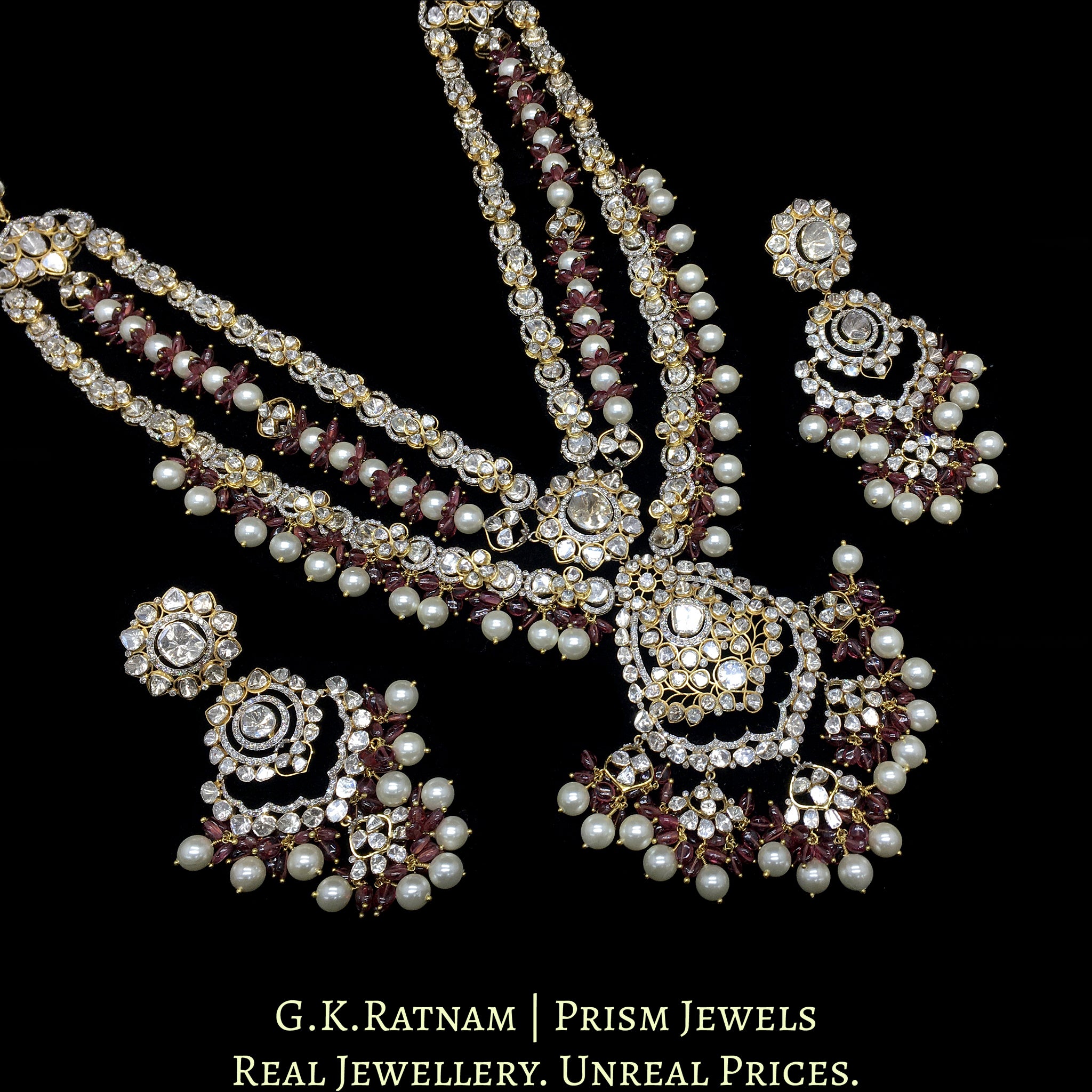 14k Gold and Diamond Polki Open Setting Necklace Set with Mozambique Garnets and south-sea-like Pearls