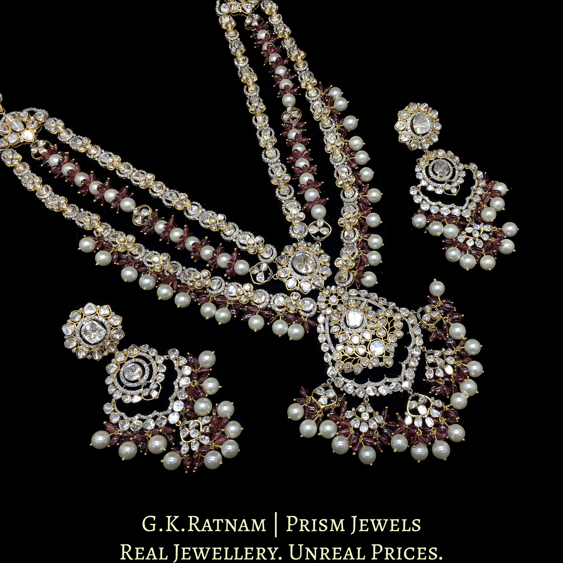 14k Gold and Diamond Polki Open Setting Necklace Set with Mozambique Garnets and south-sea-like Pearls - G. K. Ratnam