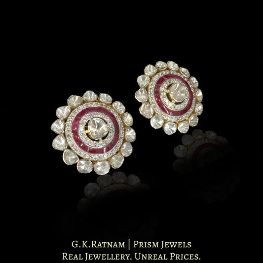 18k Gold and Diamond Polki Open Setting Karnfool Earring Pair with Rubies - G. K. Ratnam