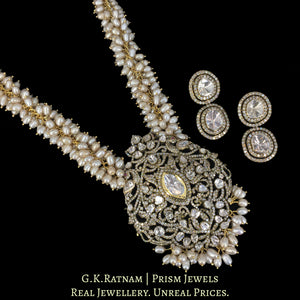 14k Gold and Diamond Polki Open Setting victorian-finish Pendant Set strung with Antiqued Freshwater Pearl Chain
