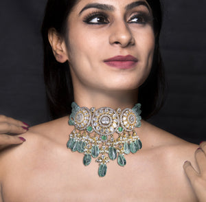 18k Gold and Diamond Polki Open Setting Choker Necklace strung in Fluorites
