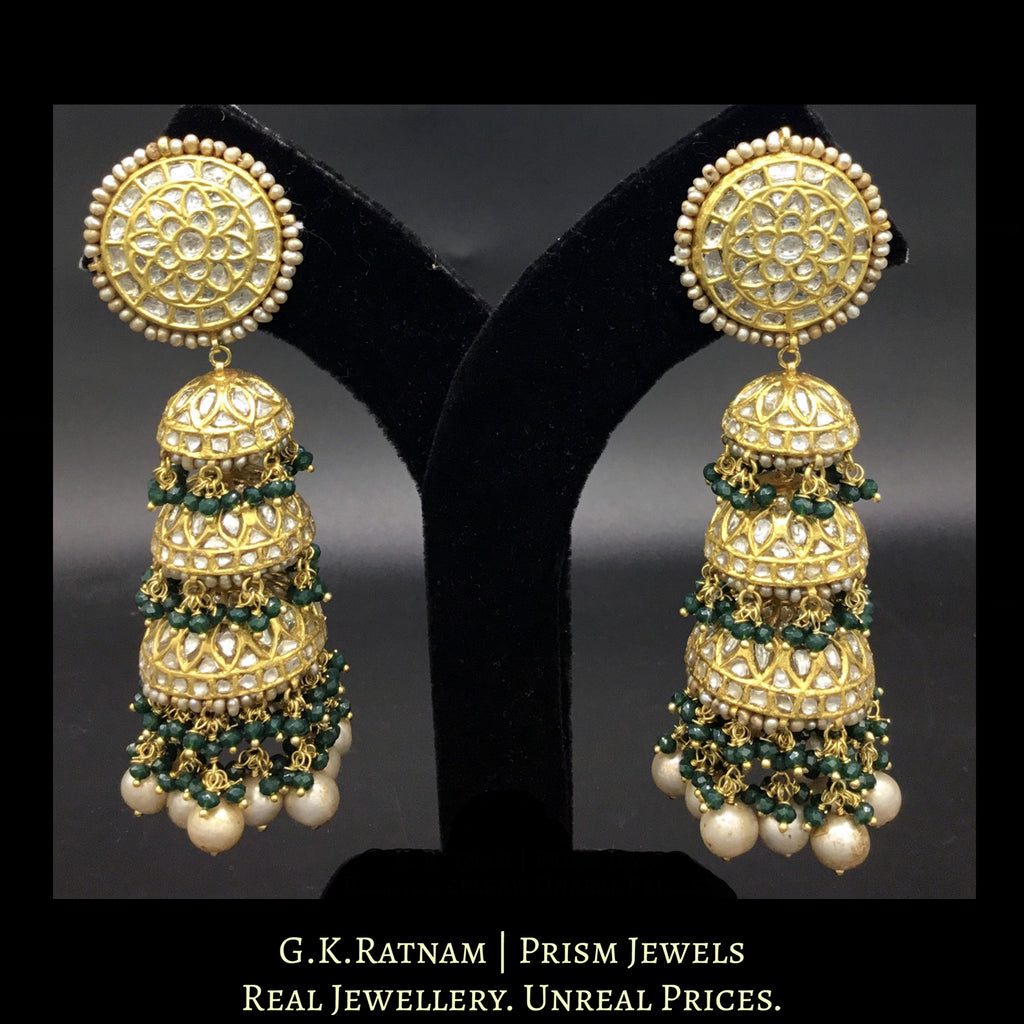 23k Gold and Diamond Polki three-tier Jhumki Earring Pair with Antiqued Freshwater Pearls and a hint of green