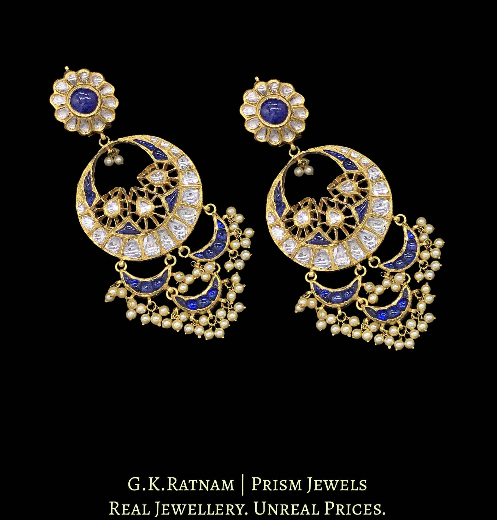 18k Gold and Diamond Polki Chand Bali Earring Pair with Tanzanites - G. K. Ratnam