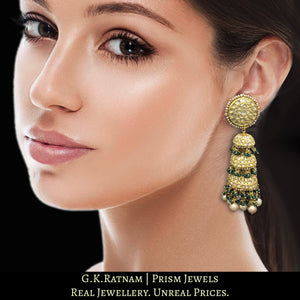 23k Gold and Diamond Polki three-tier Jhumki Earring Pair with Antiqued Freshwater Pearls and a hint of green