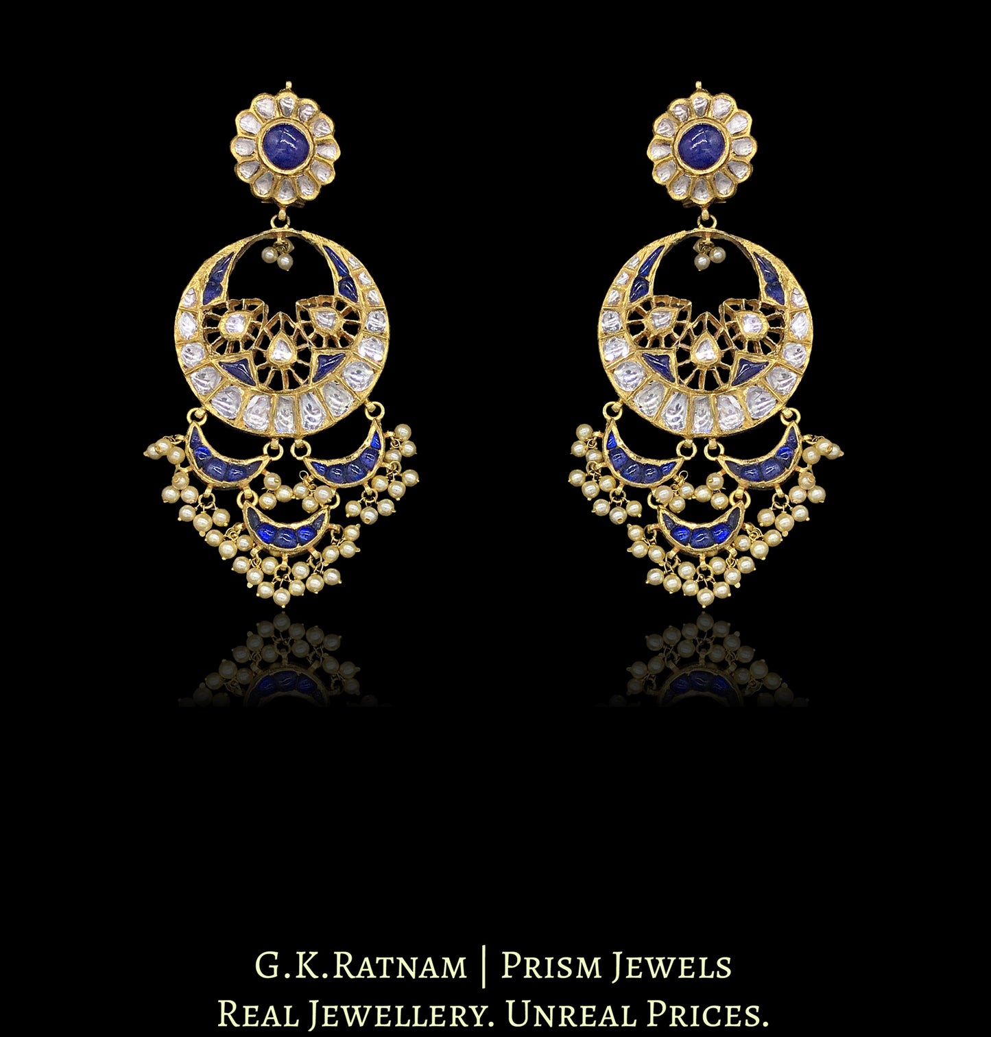18k Gold and Diamond Polki Chand Bali Earring Pair with Tanzanites - G. K. Ratnam