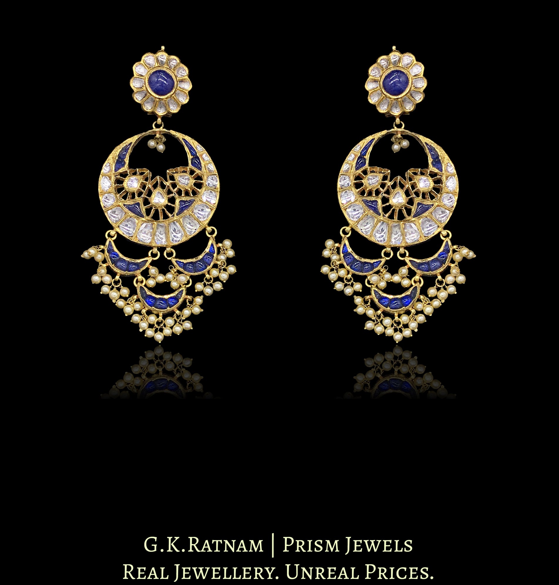 18k Gold and Diamond Polki Chand Bali Earring Pair with Tanzanites - G. K. Ratnam