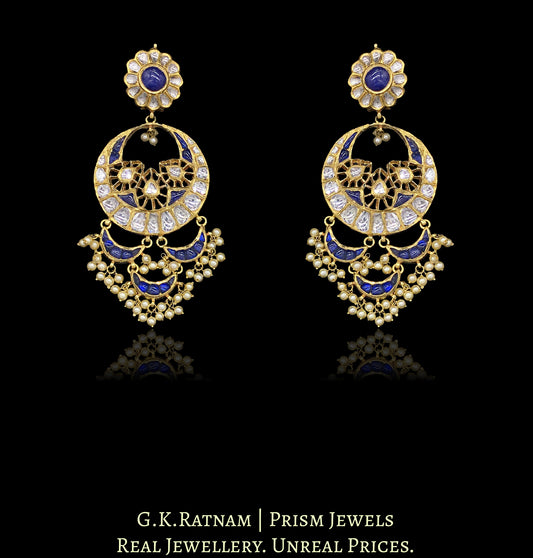 18k Gold and Diamond Polki Chand Bali Earring Pair with Tanzanites - G. K. Ratnam