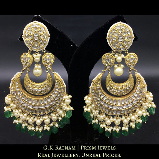 23k Gold and Diamond Polki Chand Bali Earring Pair with Pearls and emerald-grade Beryls
