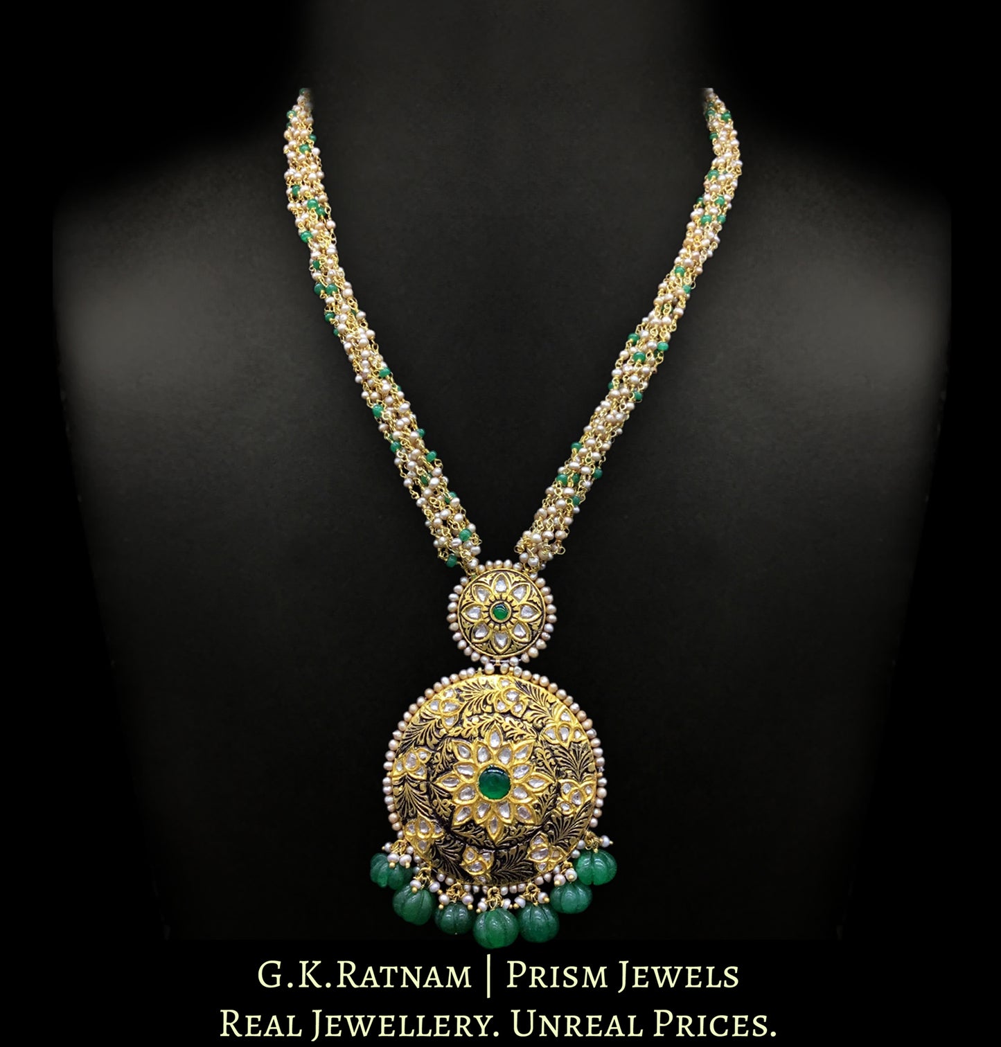 23k Gold and Diamond Polki round hybrid Pendant Set with antiqued freshwater pearls and green beryls - G. K. Ratnam