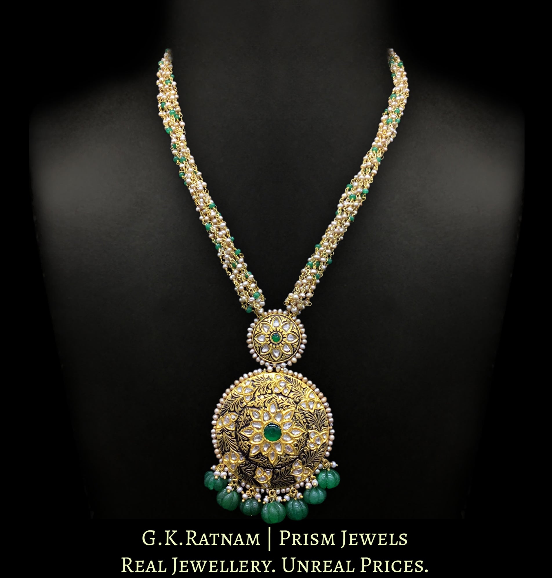 23k Gold and Diamond Polki round hybrid Pendant Set with antiqued freshwater pearls and green beryls - G. K. Ratnam