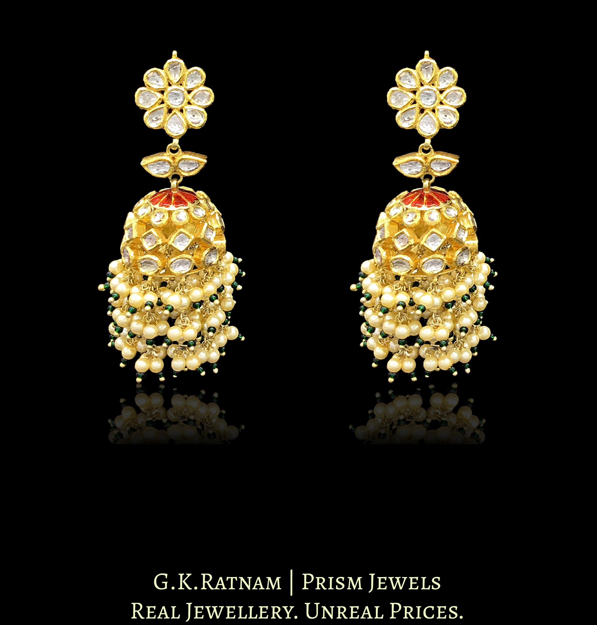18k Gold and Diamond Polki Jhumki Earring Pair with pearls strung in a chandelier style - G. K. Ratnam
