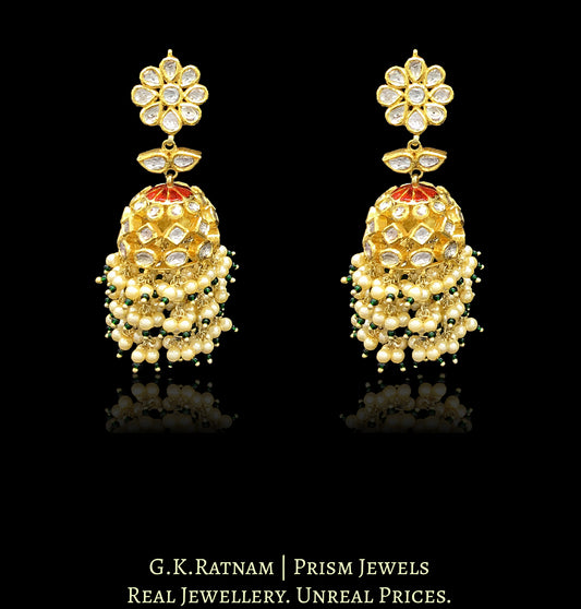 18k Gold and Diamond Polki Jhumki Earring Pair with pearls strung in a chandelier style - G. K. Ratnam