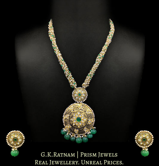 23k Gold and Diamond Polki round hybrid Pendant Set with antiqued freshwater pearls and green beryls - G. K. Ratnam