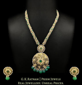 23k Gold and Diamond Polki round hybrid Pendant Set with antiqued freshwater pearls and green beryls