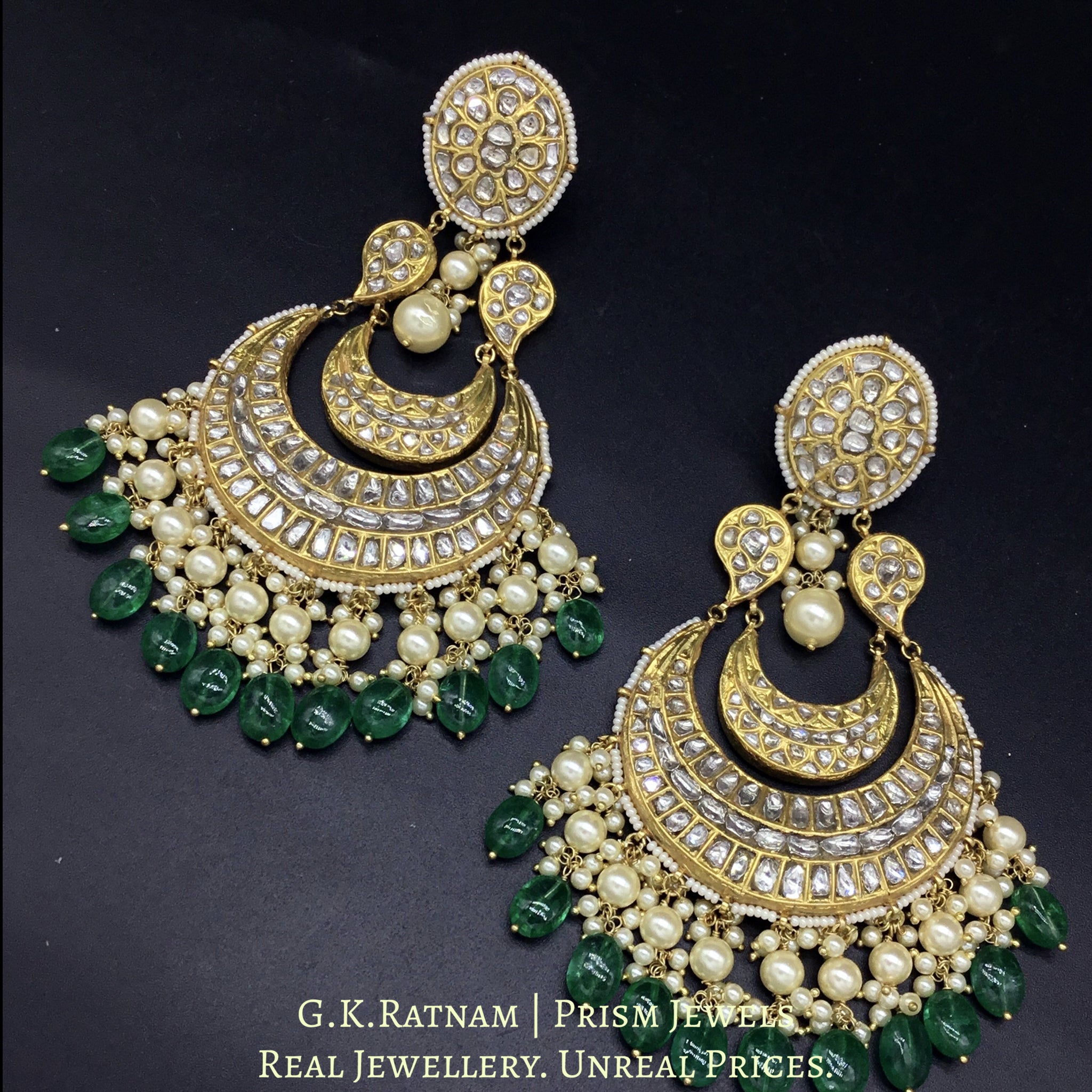 23k Gold and Diamond Polki Chand Bali Earring Pair with Pearls and emerald-grade Beryls