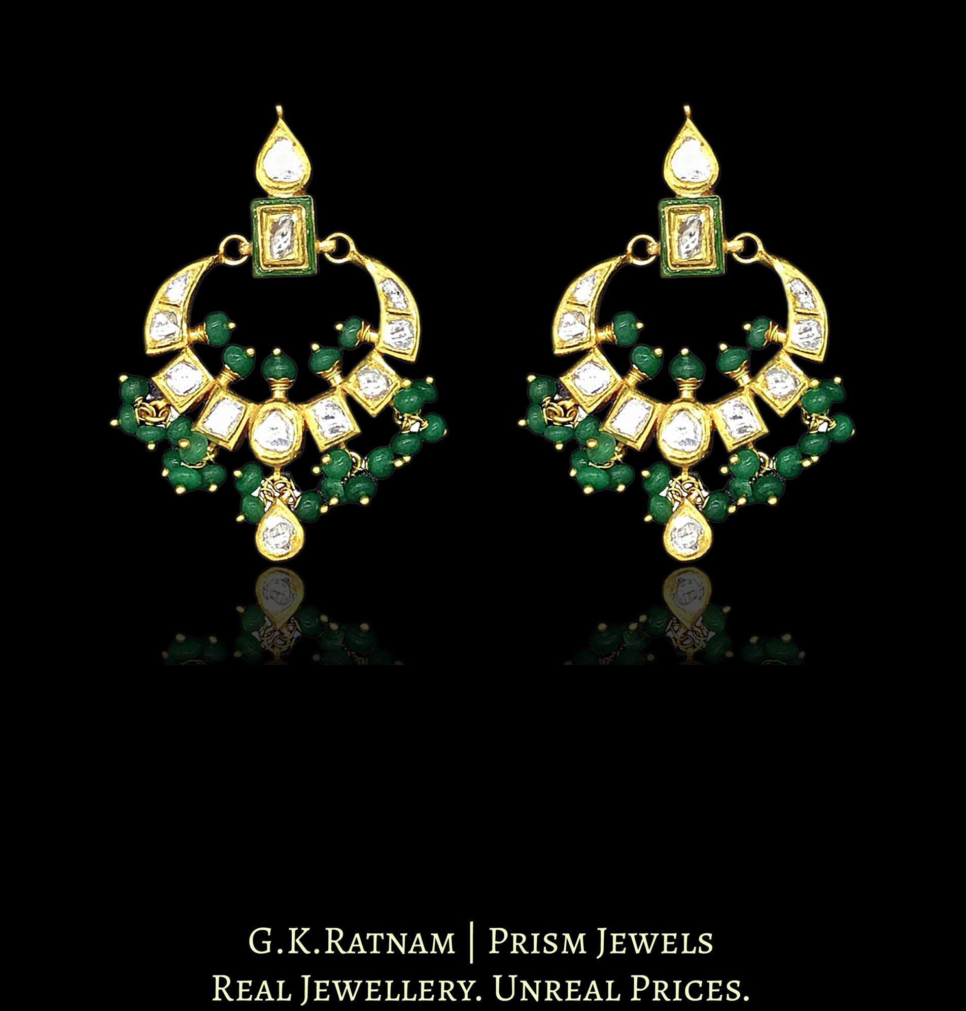 18k Gold and Diamond Polki Small Chand Bali Earring pair with green meenakari - G. K. Ratnam