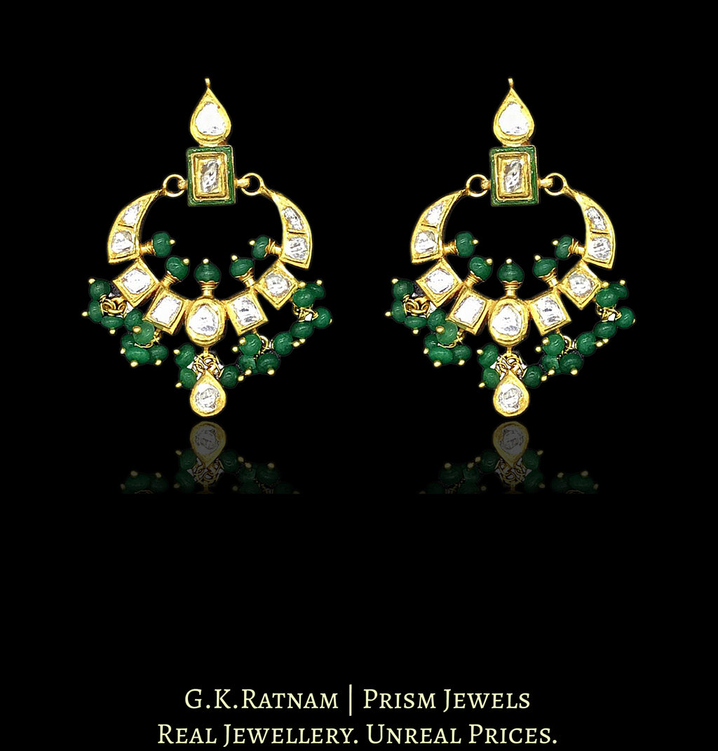 18k Gold and Diamond Polki Small Chand Bali Earring pair with green meenakari - G. K. Ratnam