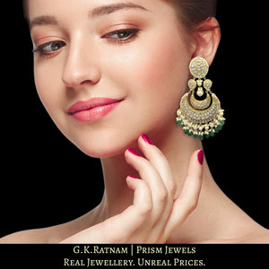 23k Gold and Diamond Polki Chand Bali Earring Pair with Pearls and emerald-grade Beryls