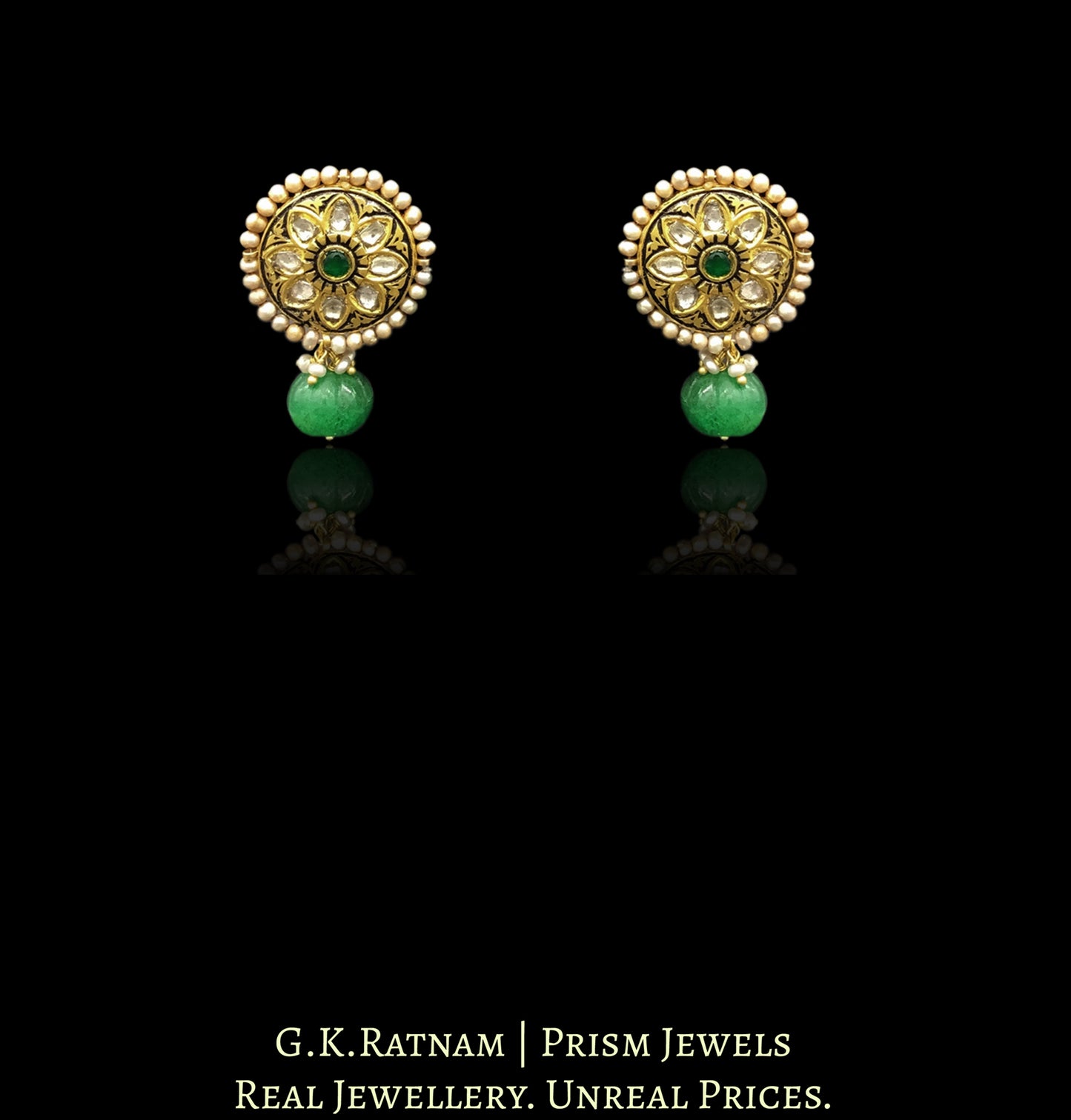 23k Gold and Diamond Polki round hybrid Pendant Set with antiqued freshwater pearls and green beryls - G. K. Ratnam