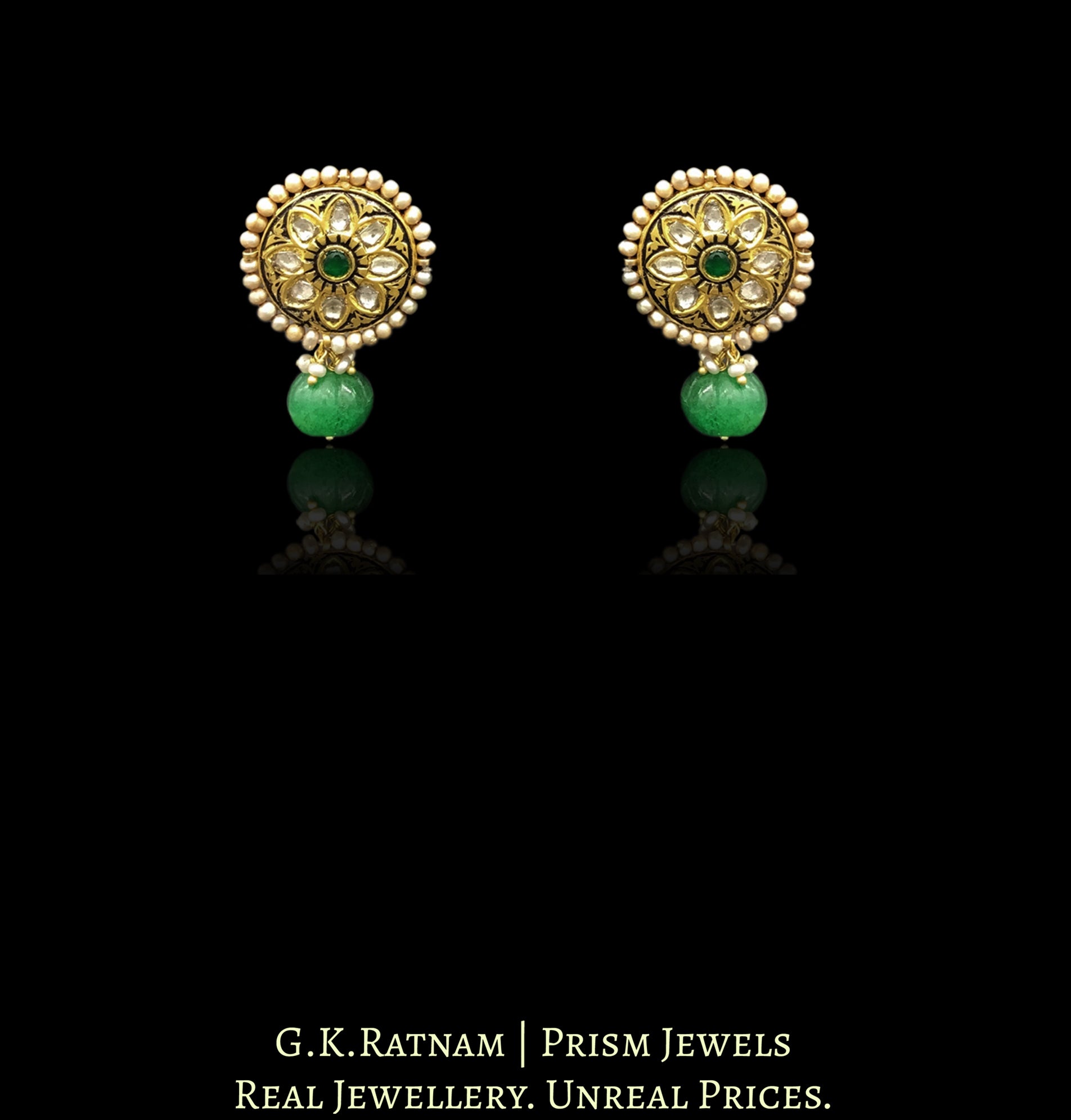 23k Gold and Diamond Polki round hybrid Pendant Set with antiqued freshwater pearls and green beryls - G. K. Ratnam