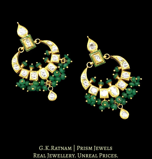 18k Gold and Diamond Polki Small Chand Bali Earring pair with green meenakari - G. K. Ratnam