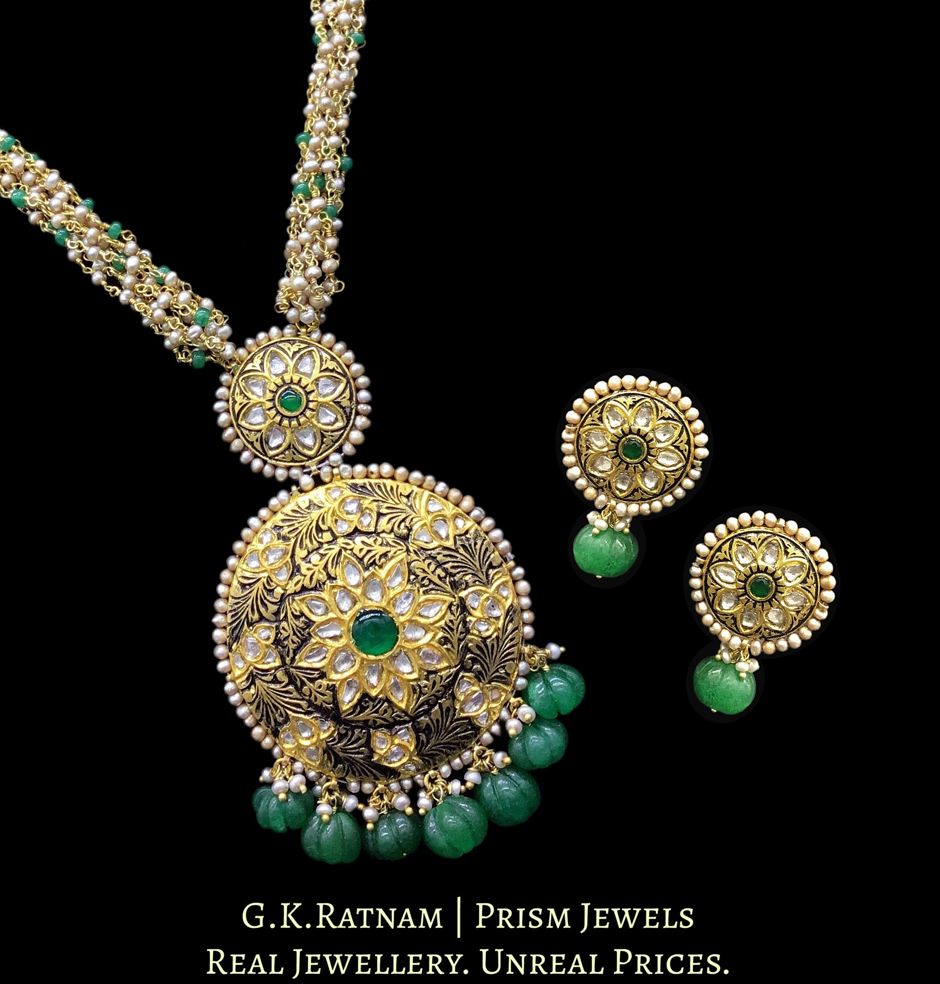 23k Gold and Diamond Polki round hybrid Pendant Set with antiqued freshwater pearls and green beryls
