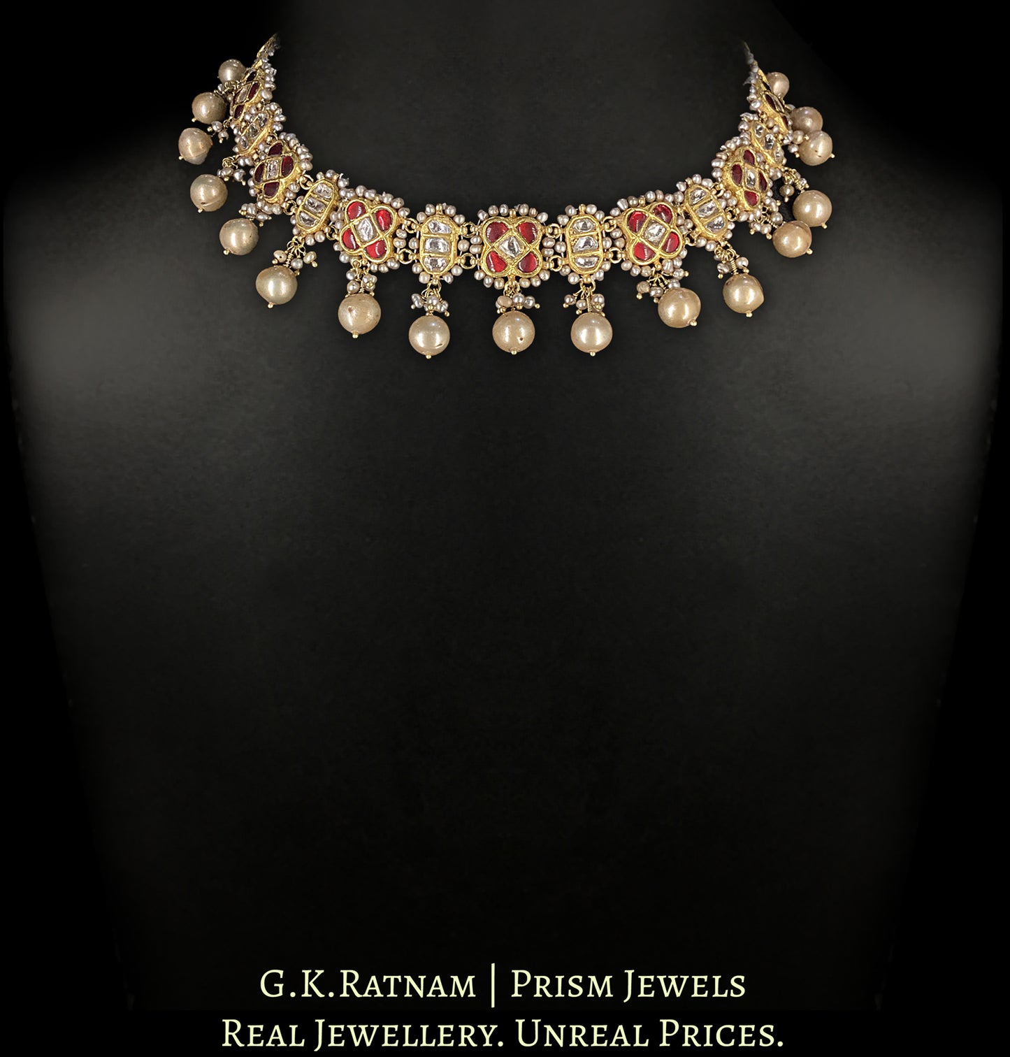 23k Gold and Diamond Polki south-style Choker Necklace Set with Antiqued Hyderabadi Pearls