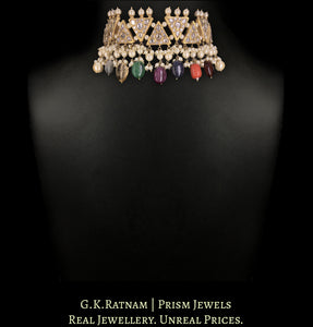 23k Gold and Diamond Polki Choker Necklace With Pearls and Navratna Hangings