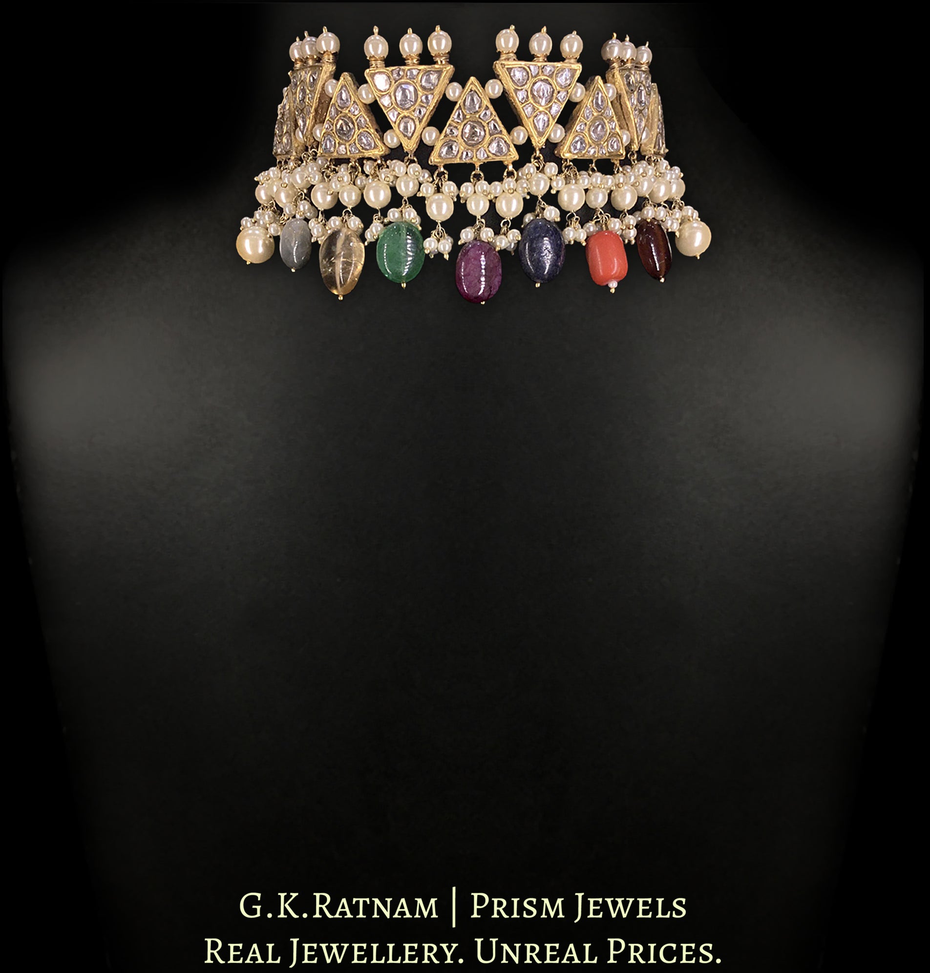 23k Gold and Diamond Polki Choker Necklace With Pearls and Navratna Hangings