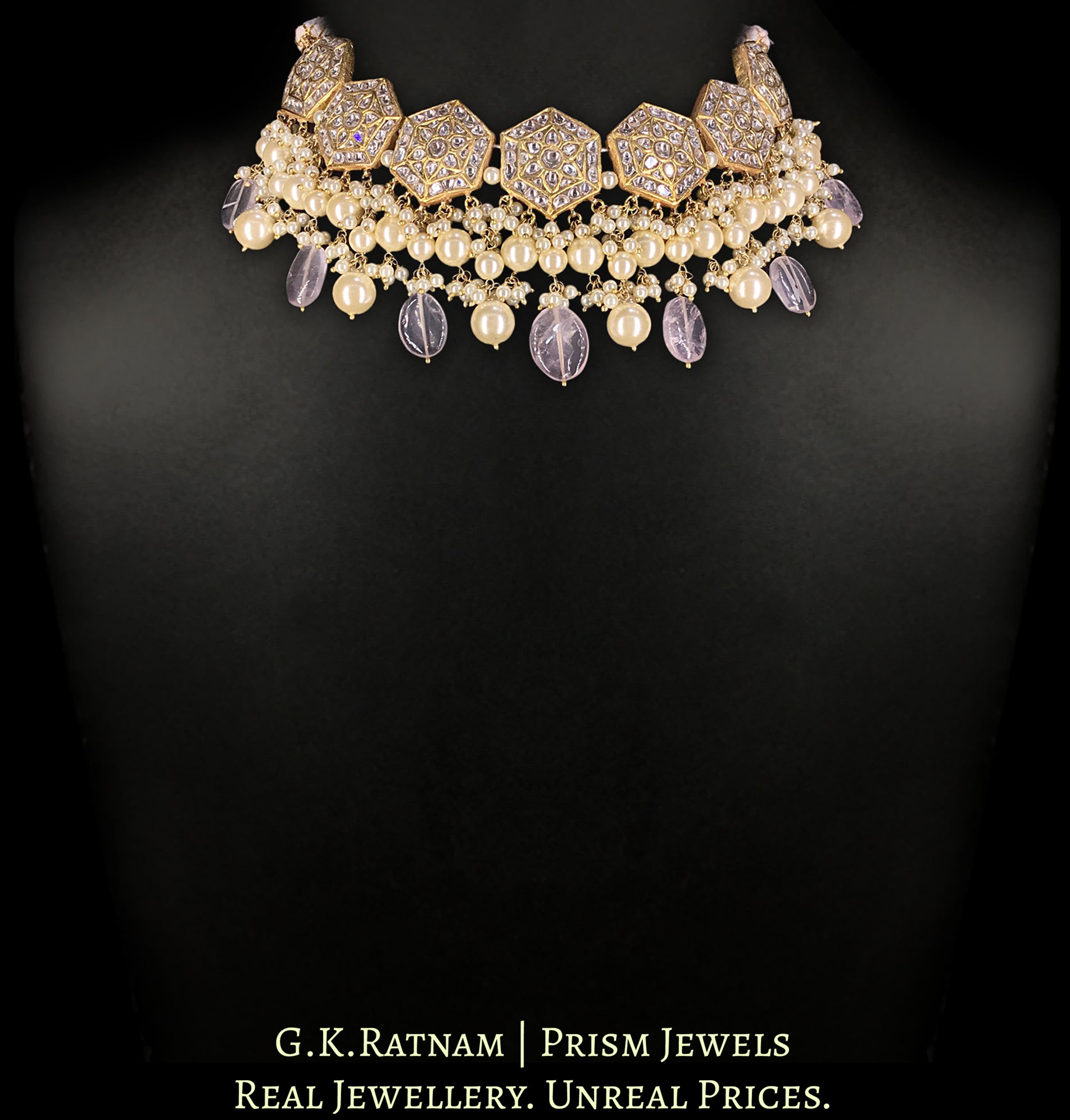 23k Gold and Diamond Polki Choker Necklace Set with Amethysts and Pearls