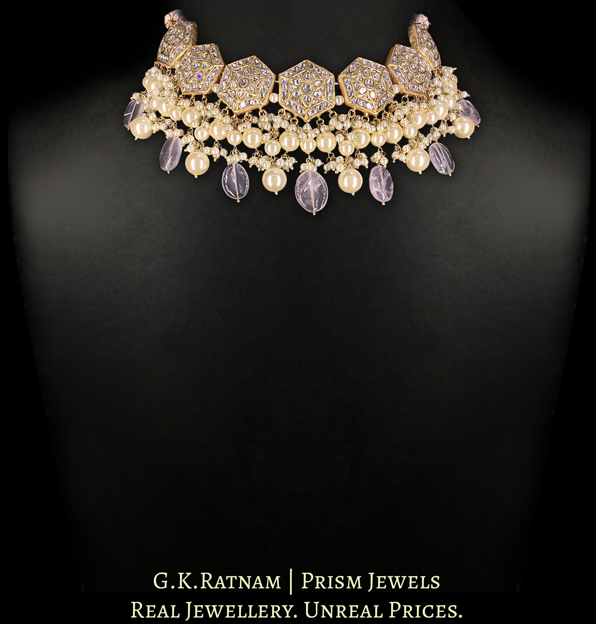 23k Gold and Diamond Polki Choker Necklace Set with Amethysts and Pearls - G. K. Ratnam