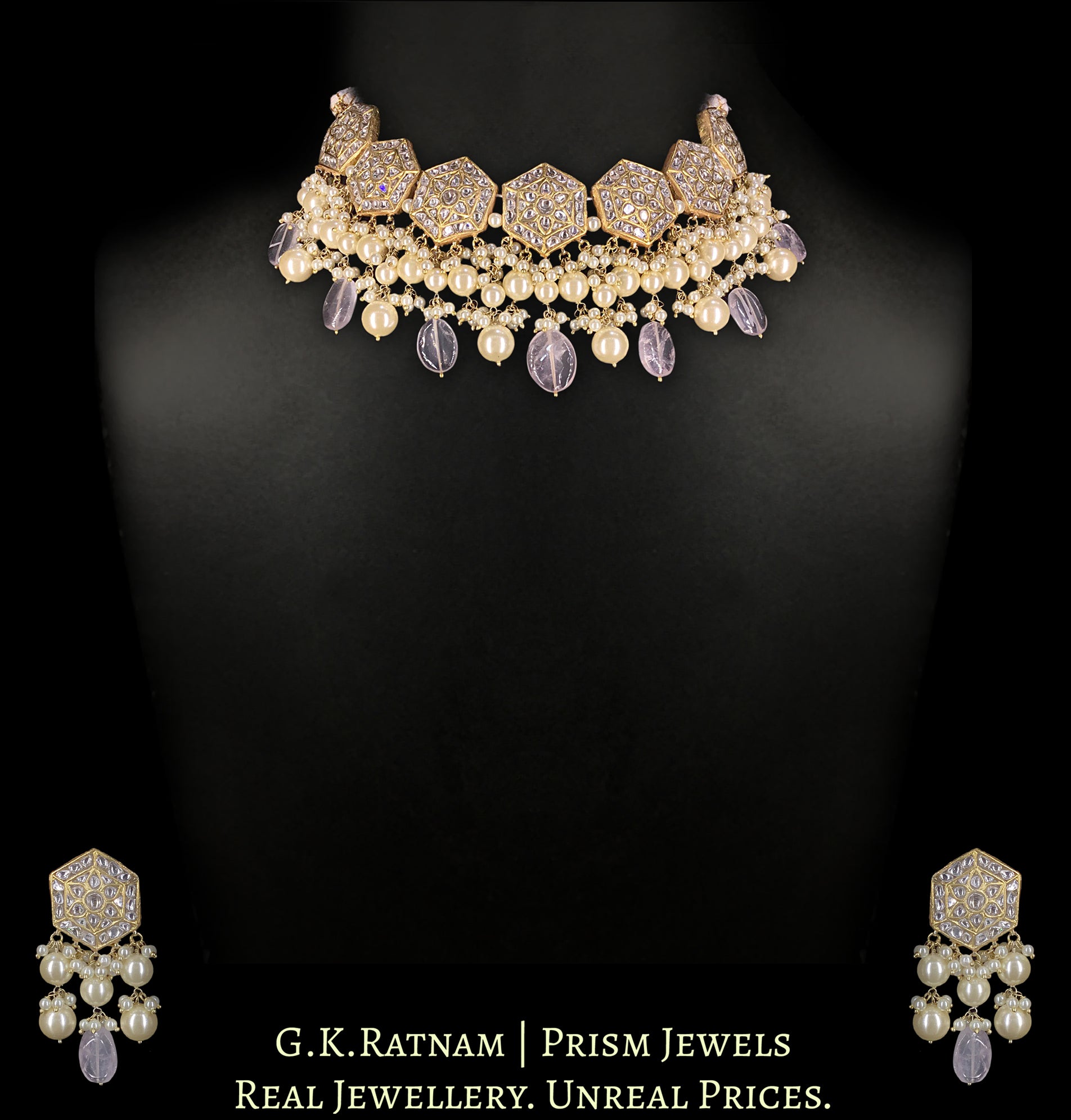 23k Gold and Diamond Polki Choker Necklace Set with Amethysts and Pearls