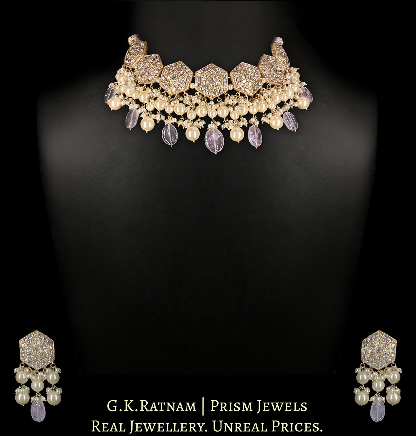 23k Gold and Diamond Polki Choker Necklace Set with Amethysts and Pearls - G. K. Ratnam