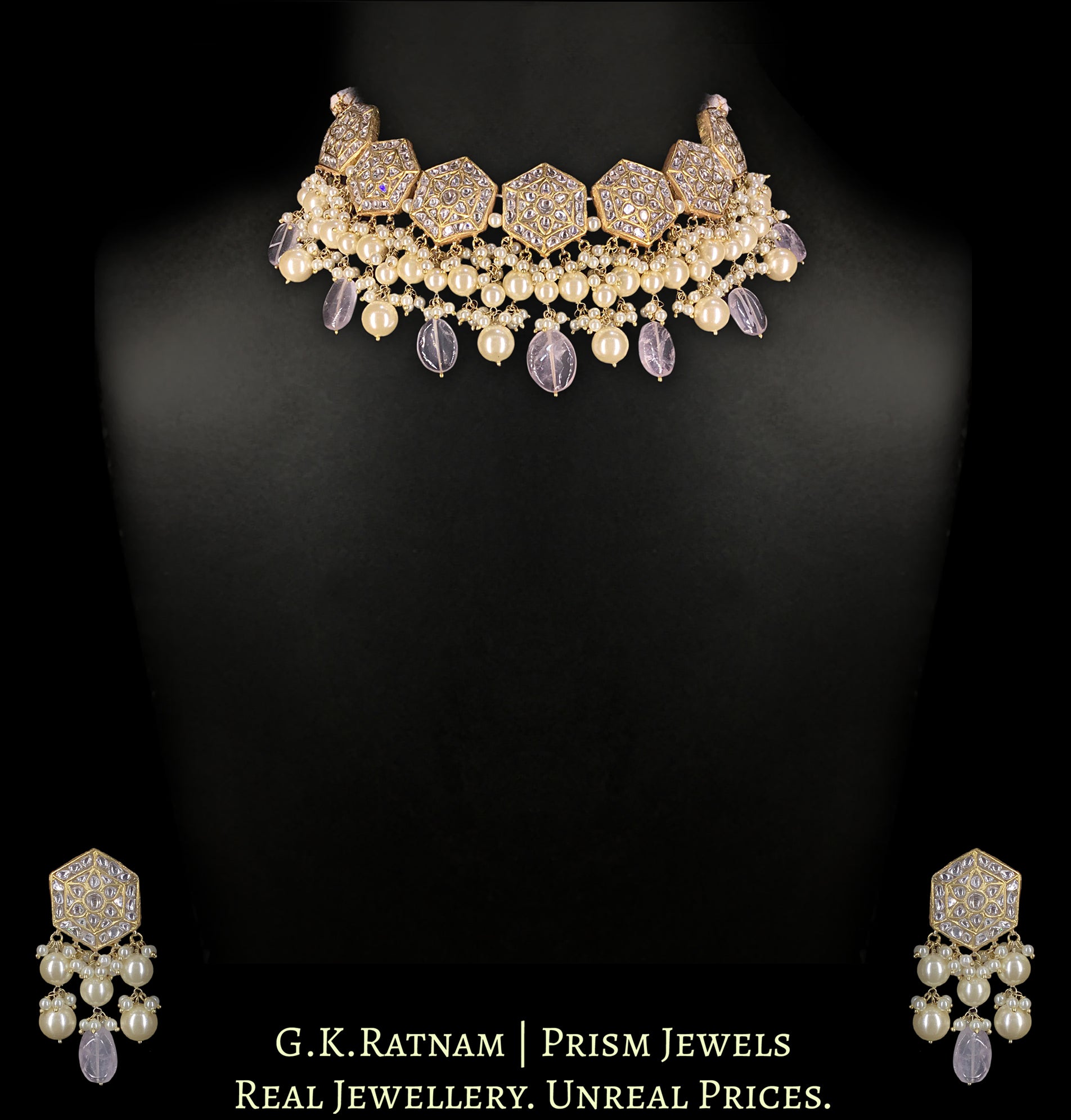 23k Gold and Diamond Polki Choker Necklace Set with Amethysts and Pearls - G. K. Ratnam