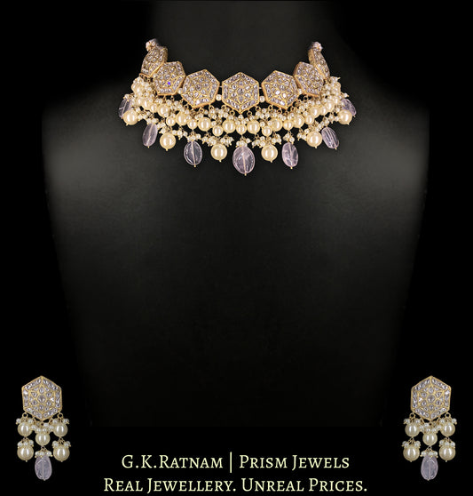 23k Gold and Diamond Polki Choker Necklace Set with Amethysts and Pearls - G. K. Ratnam