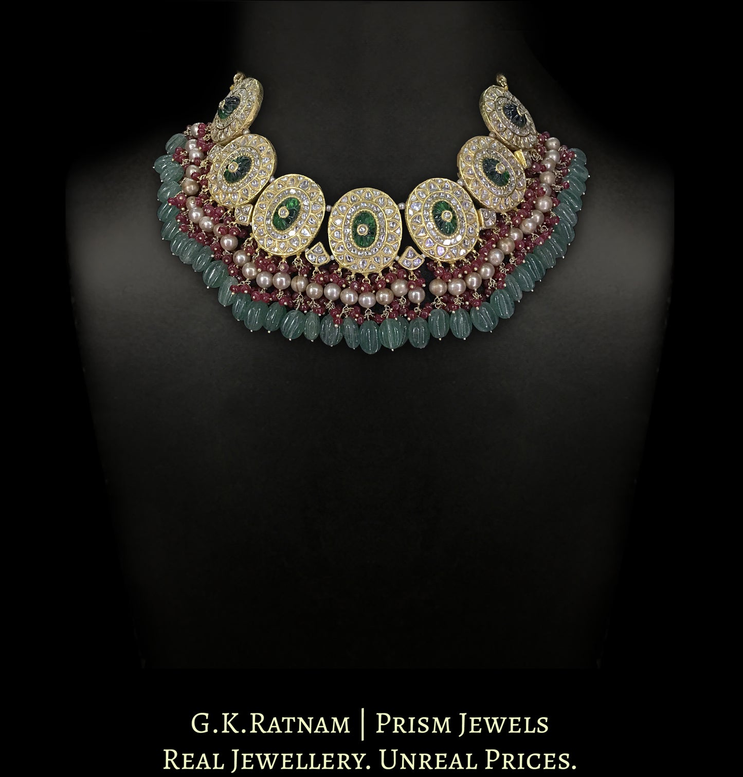 23k Gold and Diamond Polki Necklace with Antiqued Hyderabadi Pearls, Rubies and Green Strawberry Quartz - G. K. Ratnam