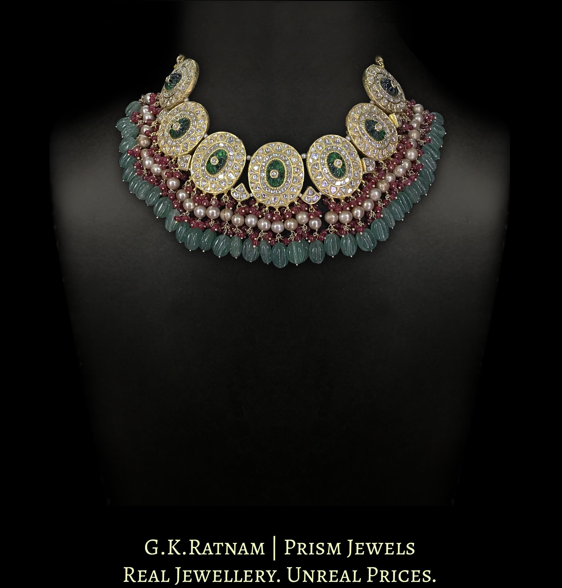 23k Gold and Diamond Polki Necklace with Antiqued Hyderabadi Pearls, Rubies and Green Strawberry Quartz - G. K. Ratnam